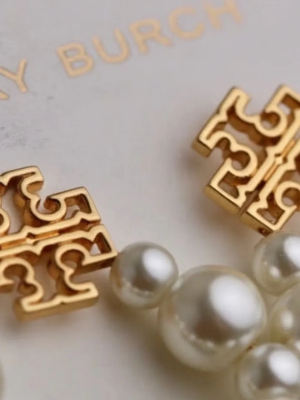 Tory Burch Gold Logo and Ivory Pearl Drop Earrings - Picture 4 of 5